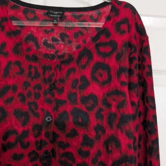 Talbots Merino Wool Animal Print Cardigan Womens Size 2X Red Button Front - Picture 2 of 11